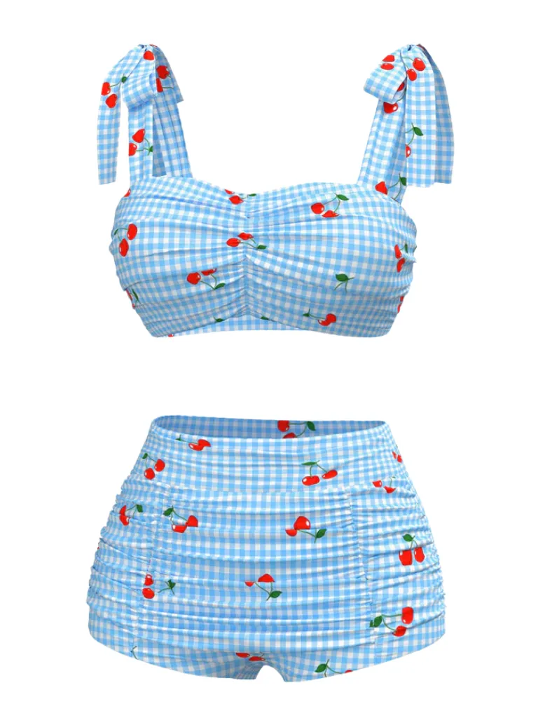 Blue 1950s Cherry Plaid Lace-up Swimsuit sold by Retro Stage product image thumbnail 2