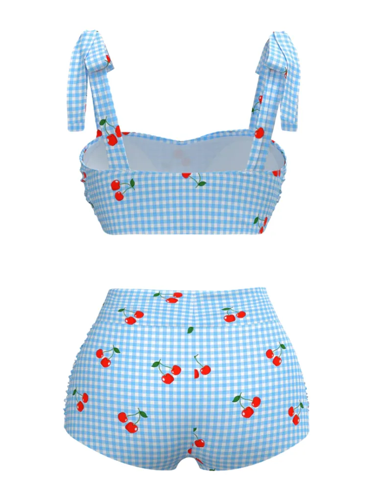 Blue 1950s Cherry Plaid Lace-up Swimsuit sold by Retro Stage product image thumbnail 3
