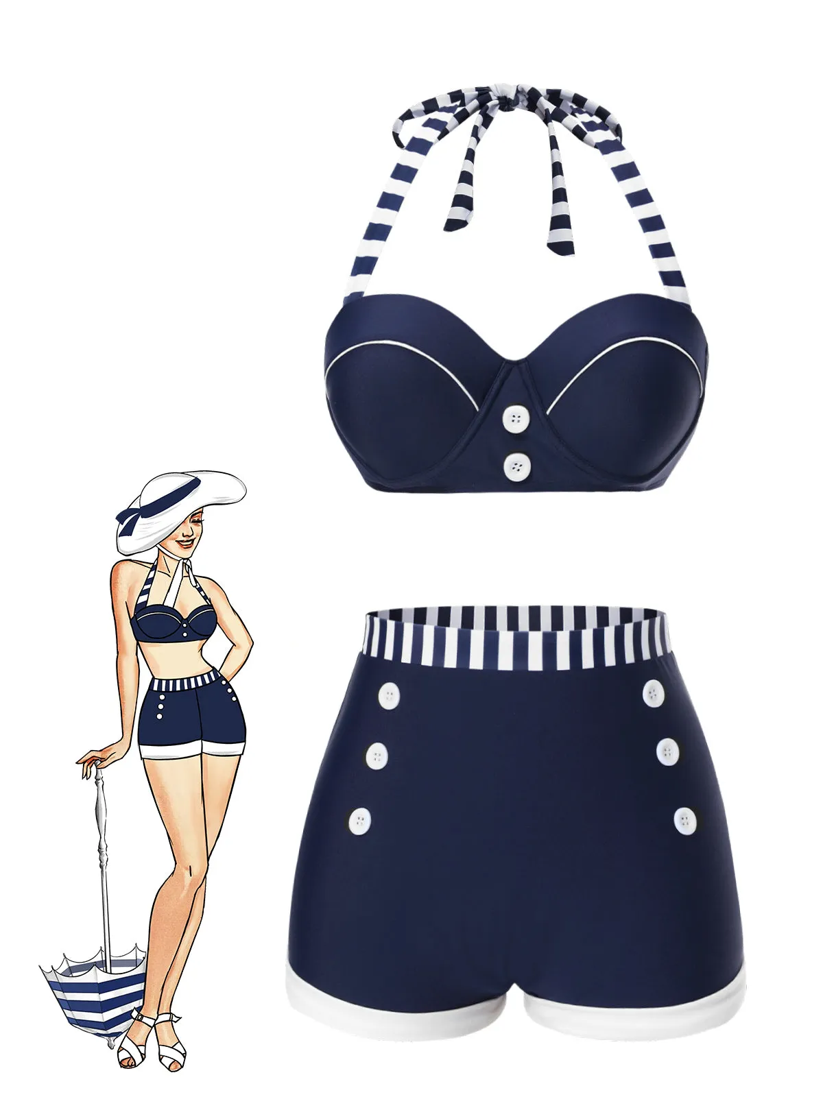 Blue 1940s Navy Style Patchwork Swimsuit sold by Retro Stage