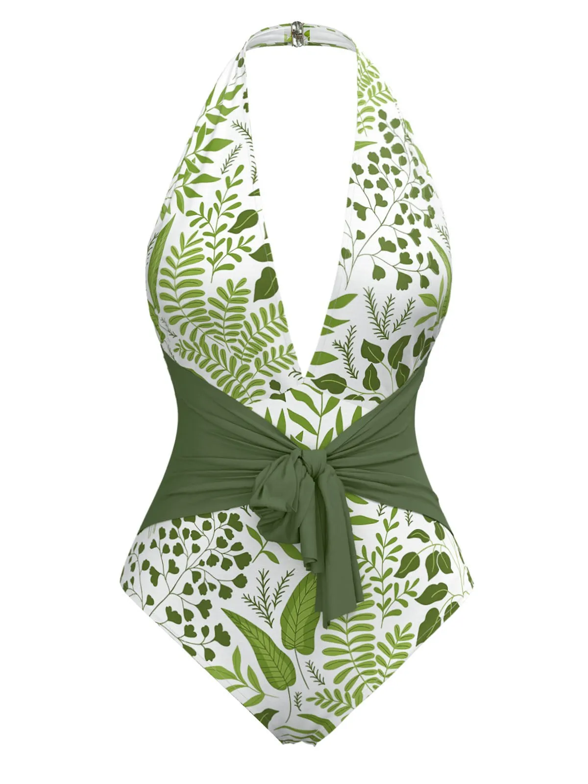 Green 1960s Plant Print Halter One-Piece Swimsuit sold by Retro Stage