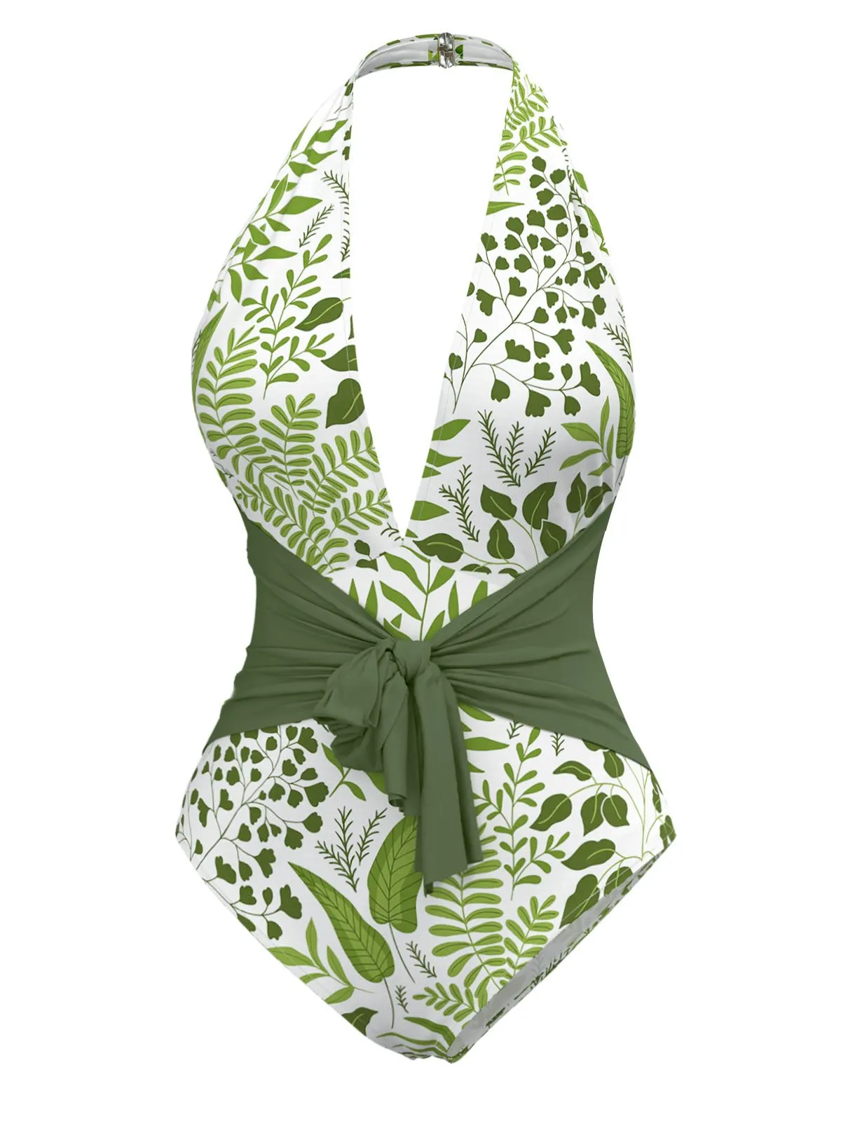 Green 1960s Plant Print Halter One-Piece Swimsuit sold by Retro Stage product image thumbnail 2