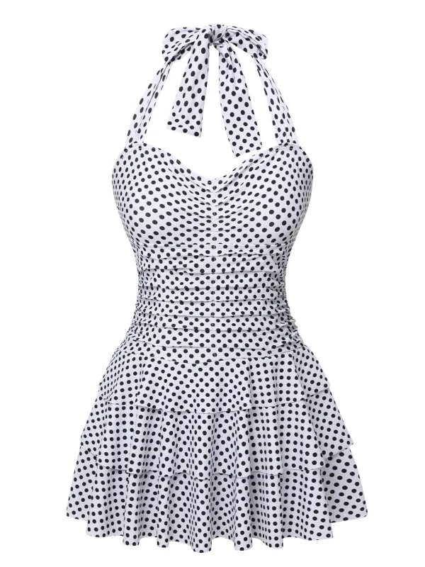White 1940s Polka Dot Halter Skirted Swimsuit sold by Retro Stage