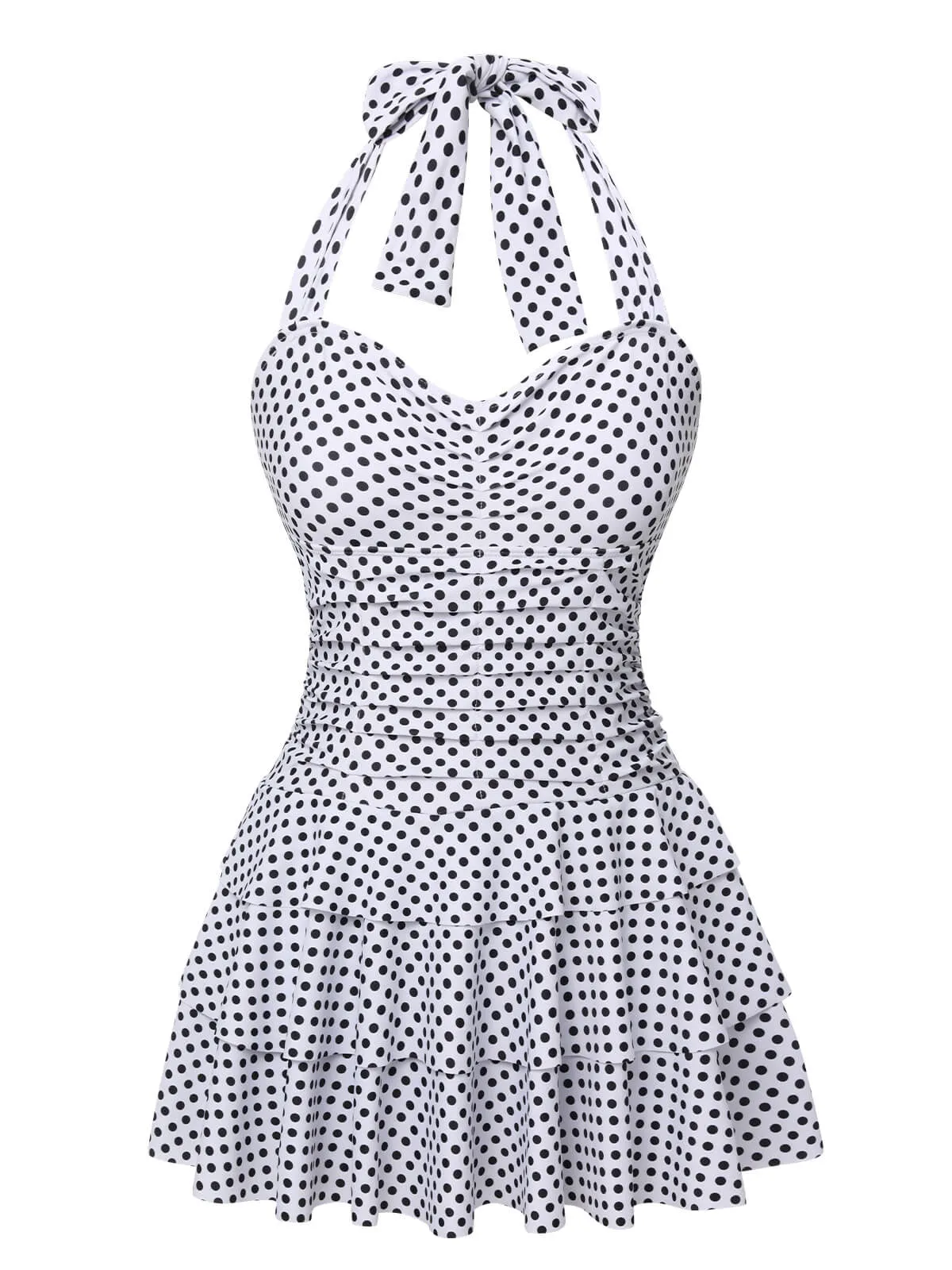 White 1940s Polka Dot Halter Skirted Swimsuit sold by Retro Stage