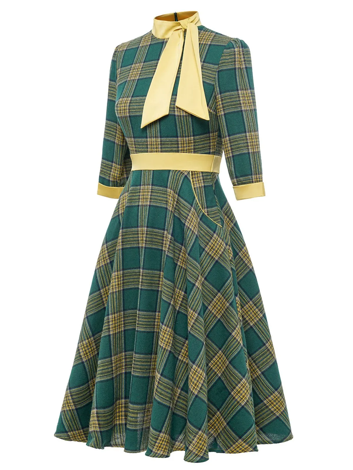Green 1950s Bowknot Tie Plaid Dress sold by Retro Stage product image thumbnail 2