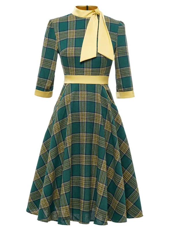Green 1950s Bowknot Tie Plaid Dress sold by Retro Stage