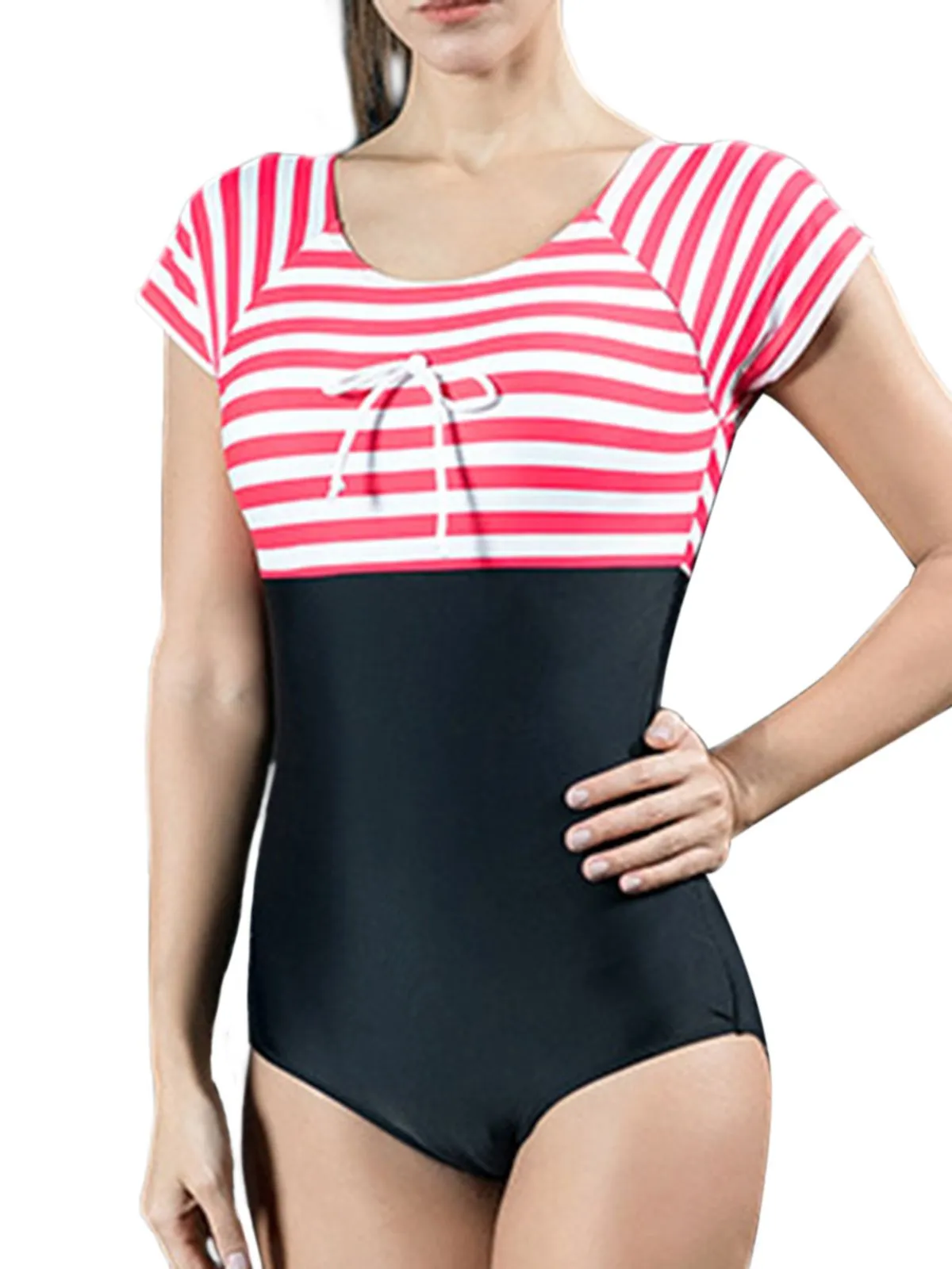 Red & Blue 1940s Stripes Cut-Out One-Piece Swimsuit sold by Retro Stage