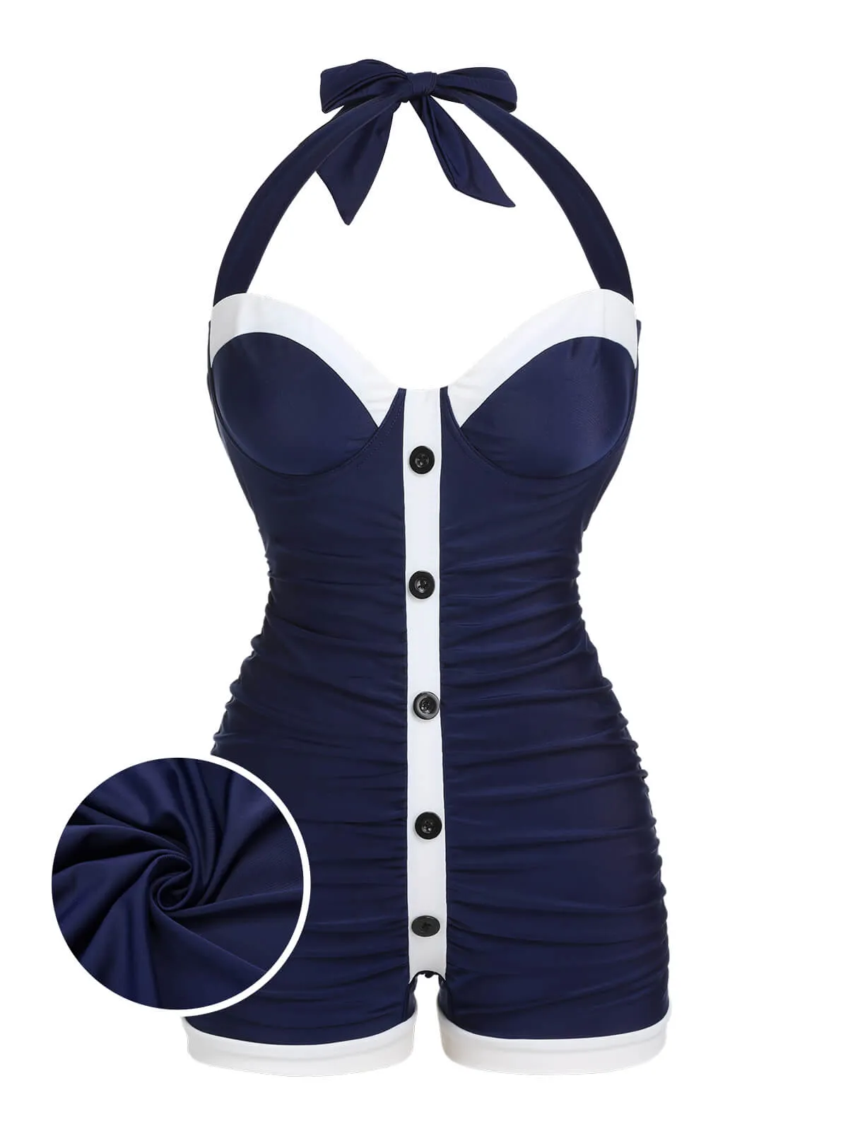 Navy Blue 1950s Pleated Halter Swimsuit sold by Retro Stage product image thumbnail 2