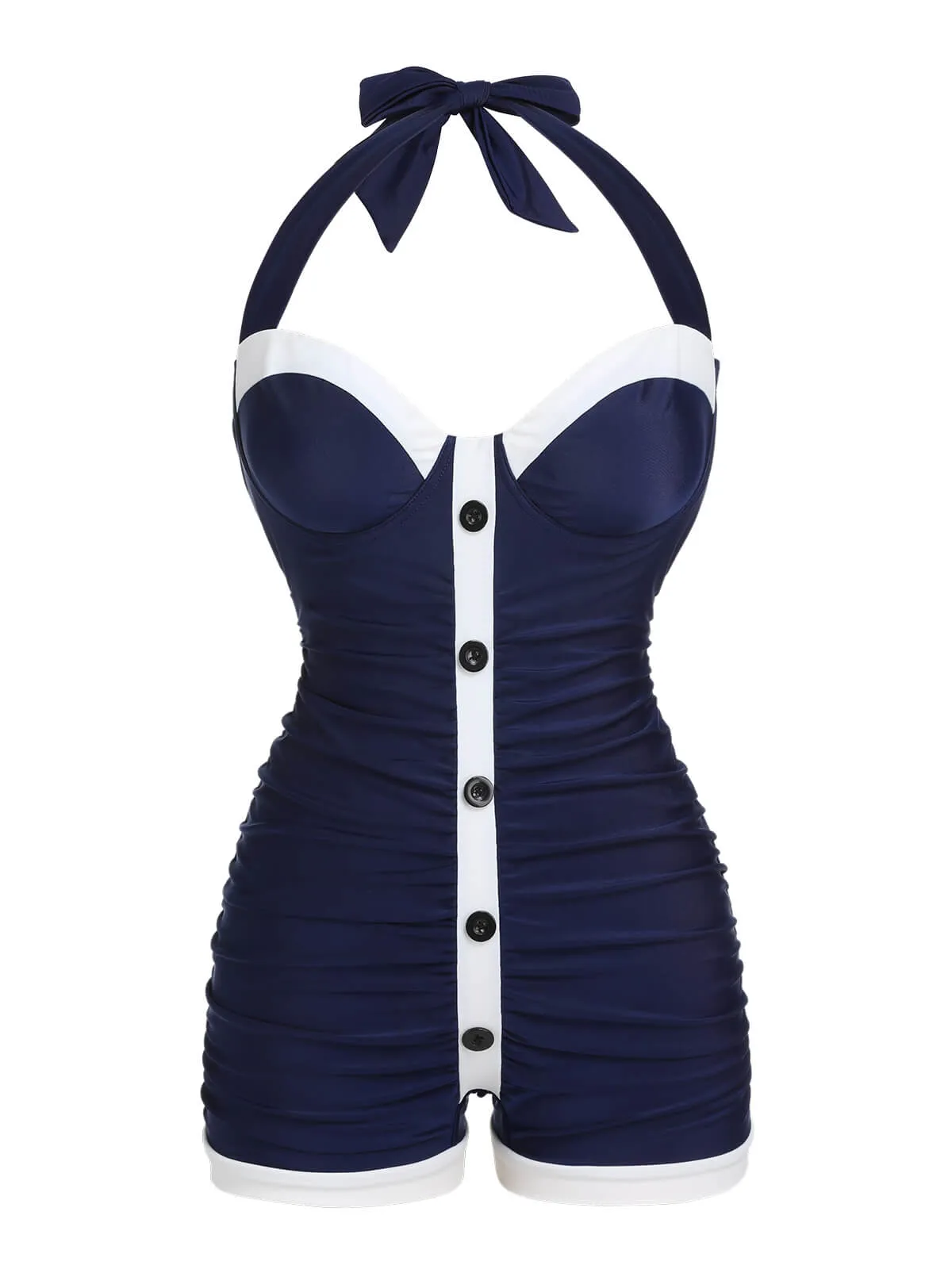 Navy Blue 1950s Pleated Halter Swimsuit sold by Retro Stage product image thumbnail 3