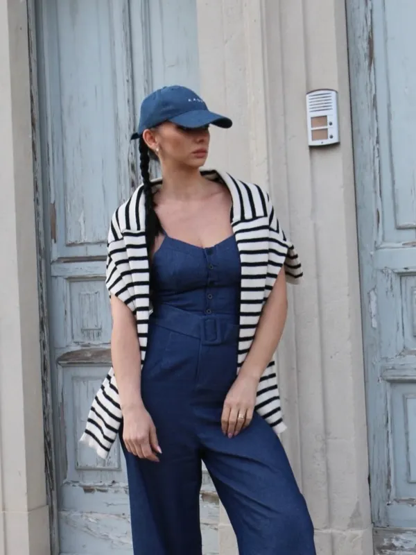 Navy Blue 1930s Cowboy Solid Strap Jumpsuit sold by Retro Stage