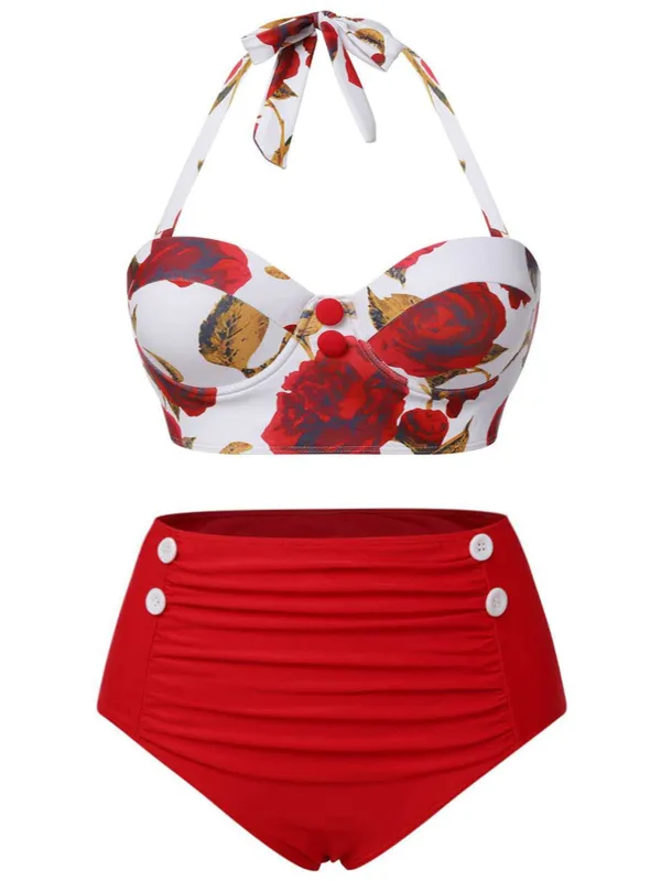 [Plus Size] Red 1960s Halter Roses Swimsuit made by Retro Stage