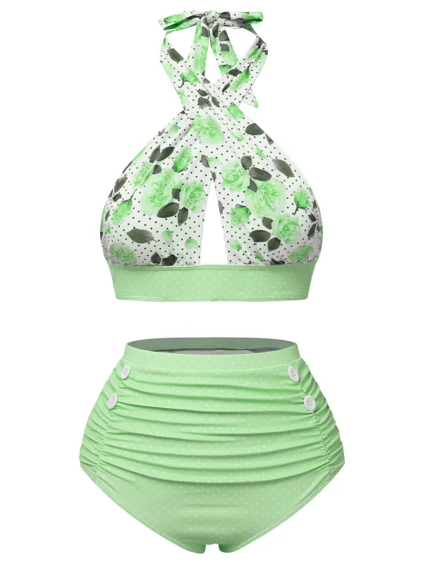 Green 1940s Floral Cross Halter Swimsuit sold by Retro Stage