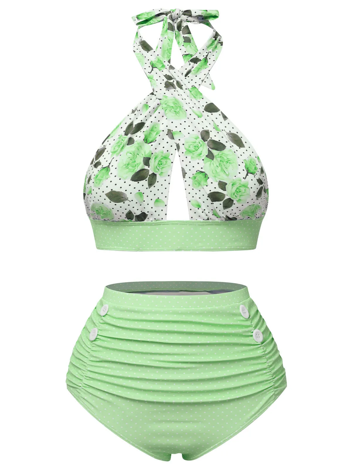 Green 1940s Floral Cross Halter Swimsuit sold by Retro Stage