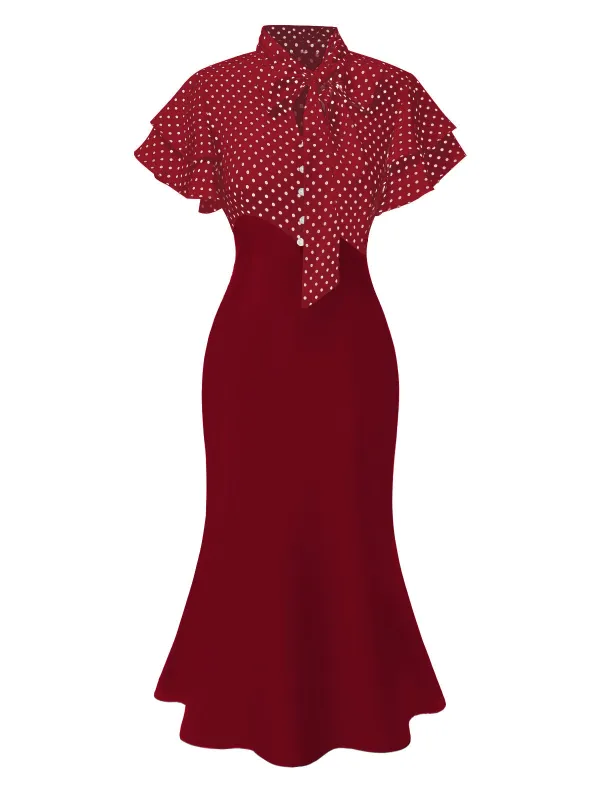 Red 1930s Dots Tie Neck Mermaid Dress sold by Retro Stage