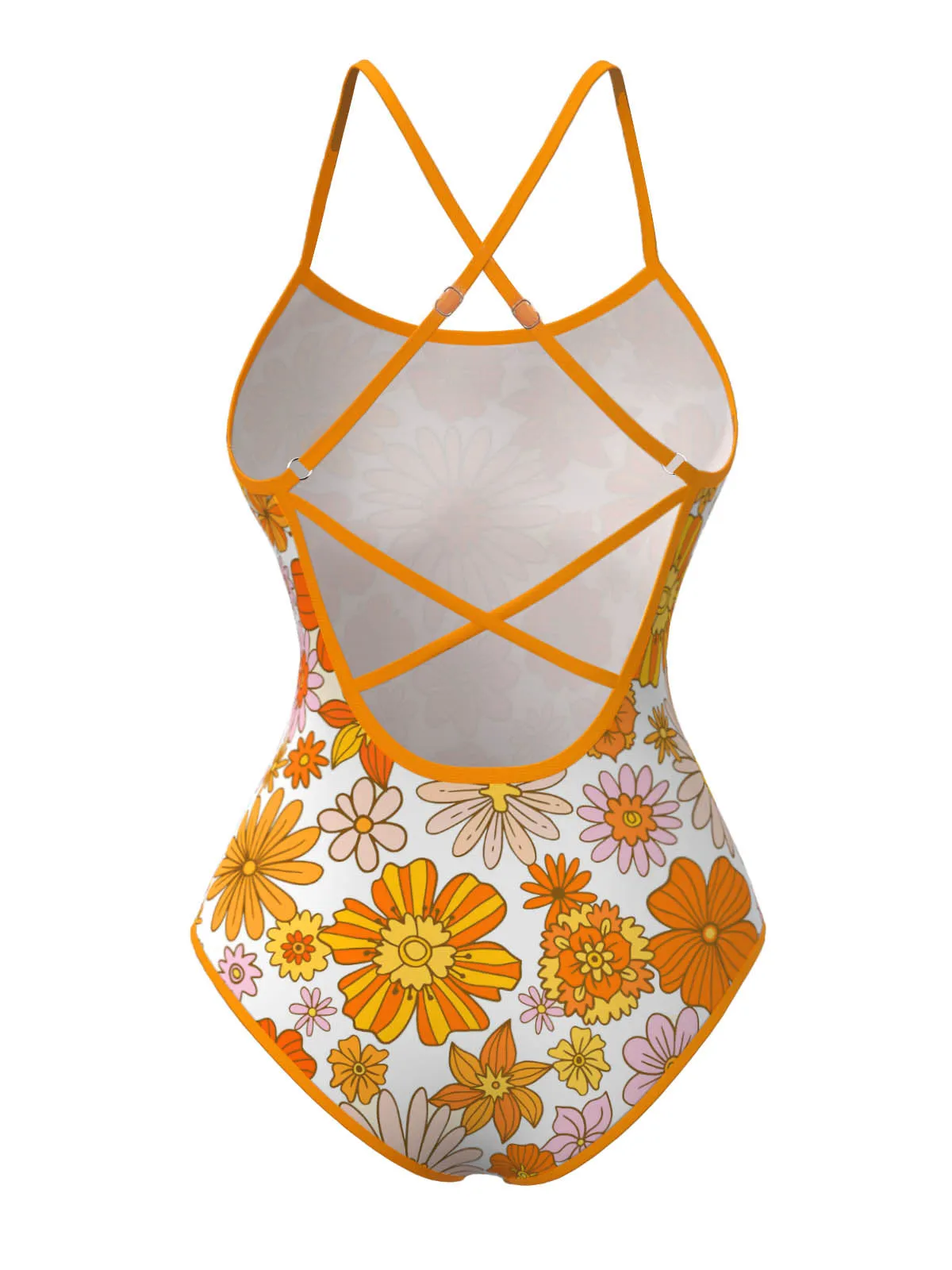Orange 1960s Daisy Cross Back One-Piece Swimsuit sold by Retro Stage product image thumbnail 4