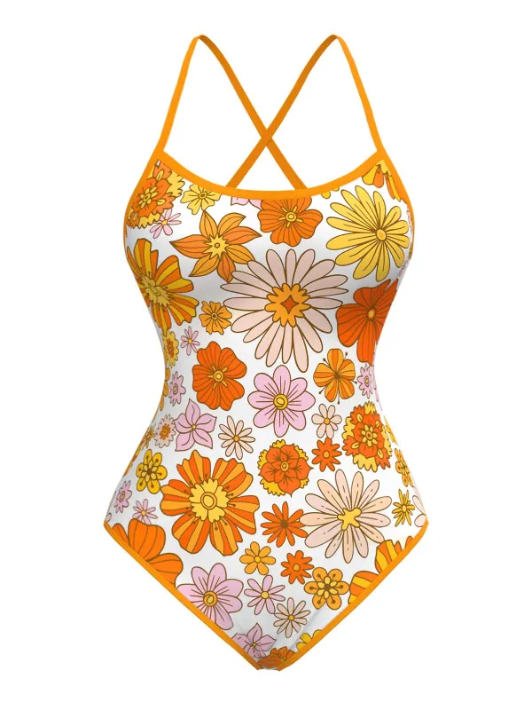 Orange 1960s Daisy Cross Back One-Piece Swimsuit sold by Retro Stage
