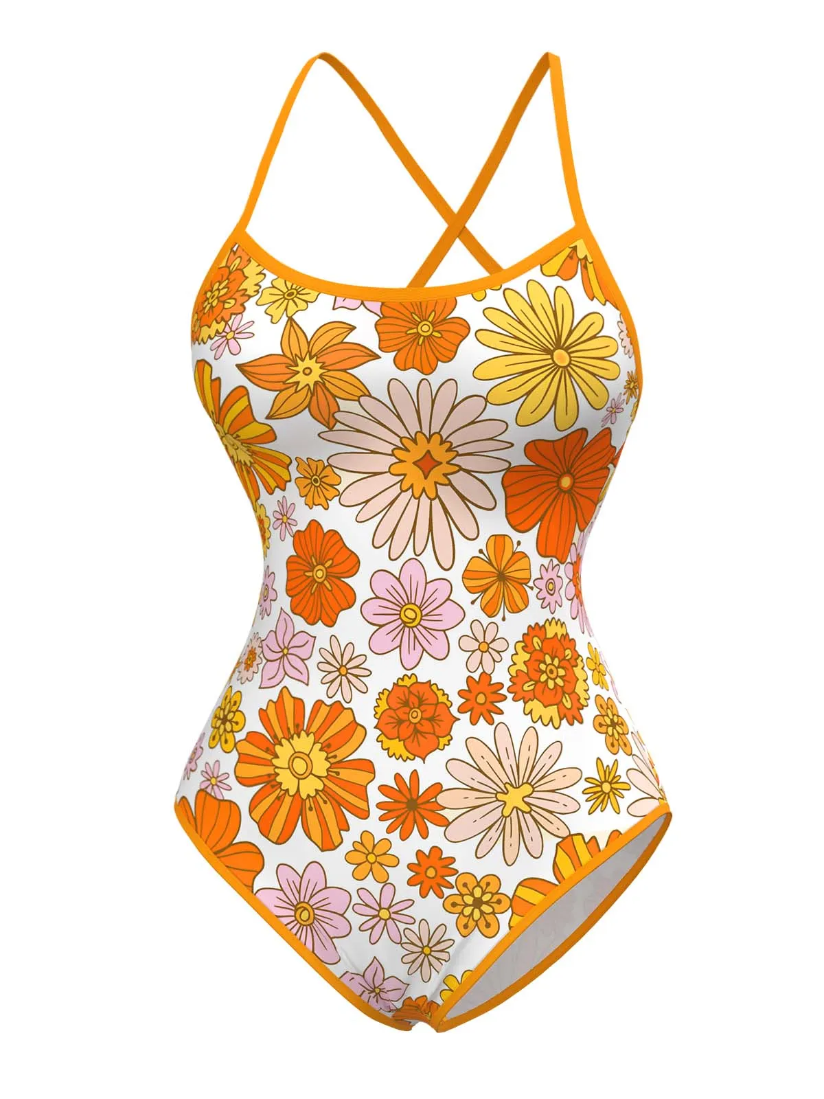 Orange 1960s Daisy Cross Back One-Piece Swimsuit sold by Retro Stage product image thumbnail 3