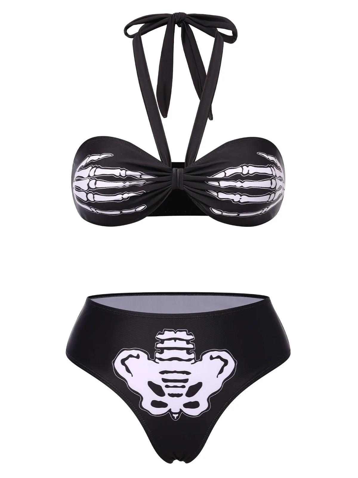Black 1970s Skeleton Hand Halter Bikini Set sold by Retro Stage