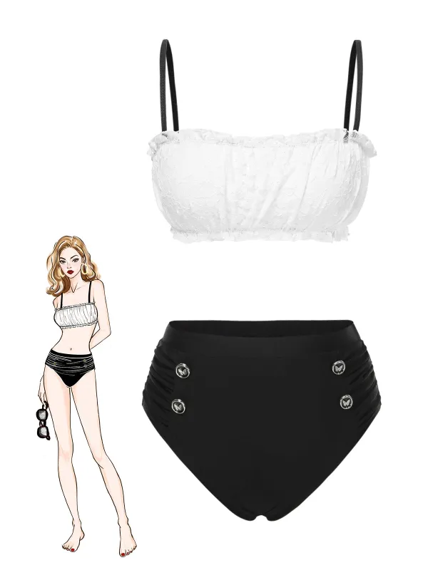 Black & White 1930s Colorblock Lace Bikini Set sold by Retro Stage
