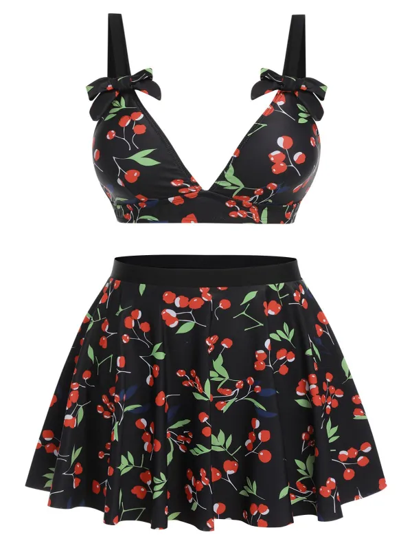 [Plus Size] Black 1950s Cherry Bow V-Neck Swimsuit sold by Retro Stage