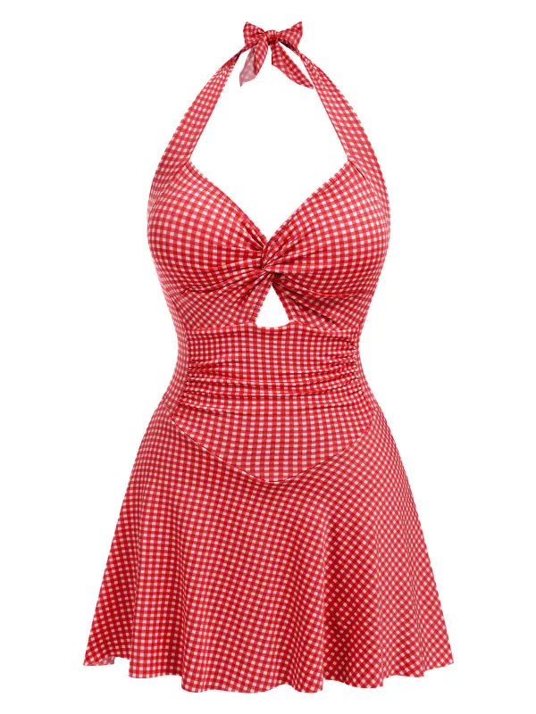 Red 1930s Plaid Halter One-Piece Swimsuit sold by Retro Stage