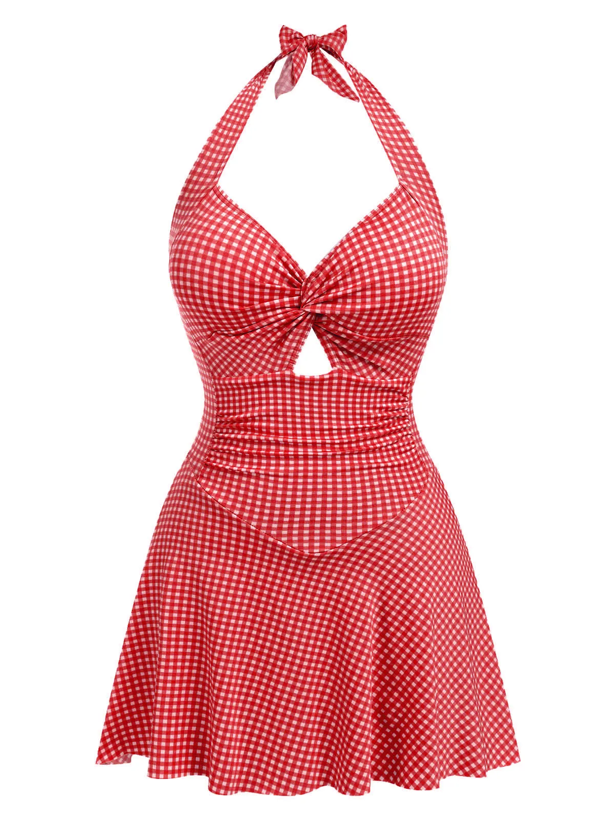 Red 1930s Plaid Halter One-Piece Swimsuit sold by Retro Stage