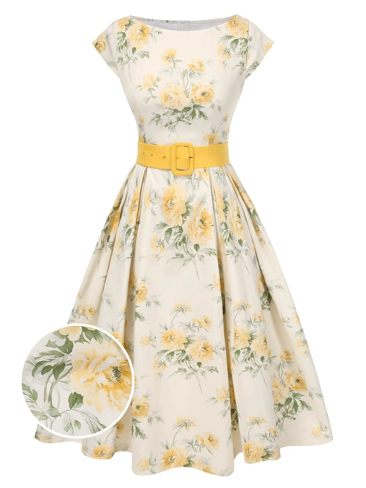 Yellow 1950s Boat Neck Antique Floral Dress sold by Retro Stage