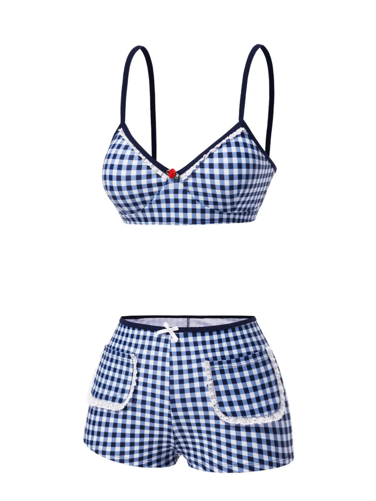Blue 1930s Rose Gingham Plaid Straps Swimsuit sold by Retro Stage product image thumbnail 3