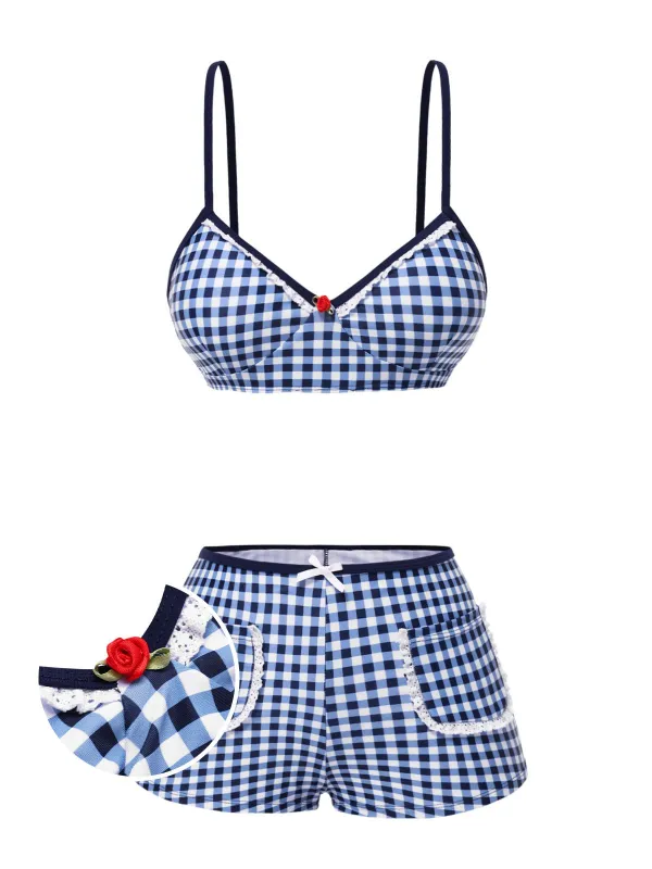 Blue 1930s Rose Gingham Plaid Straps Swimsuit sold by Retro Stage
