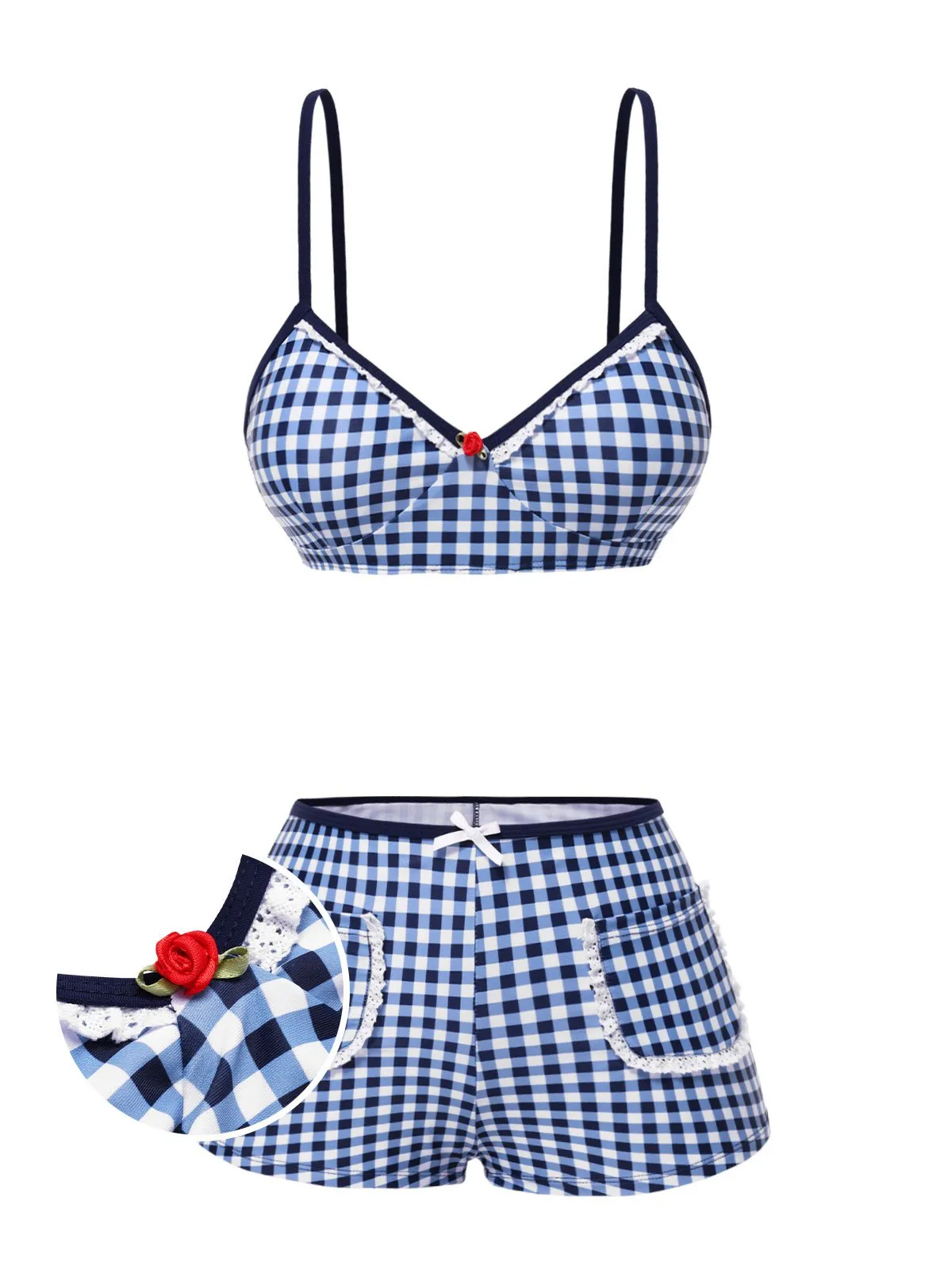 Blue 1930s Rose Gingham Plaid Straps Swimsuit sold by Retro Stage