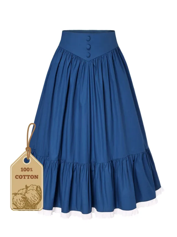 Blue 1940s Cotton Lace Hem Pleated Skirt sold by Retro Stage