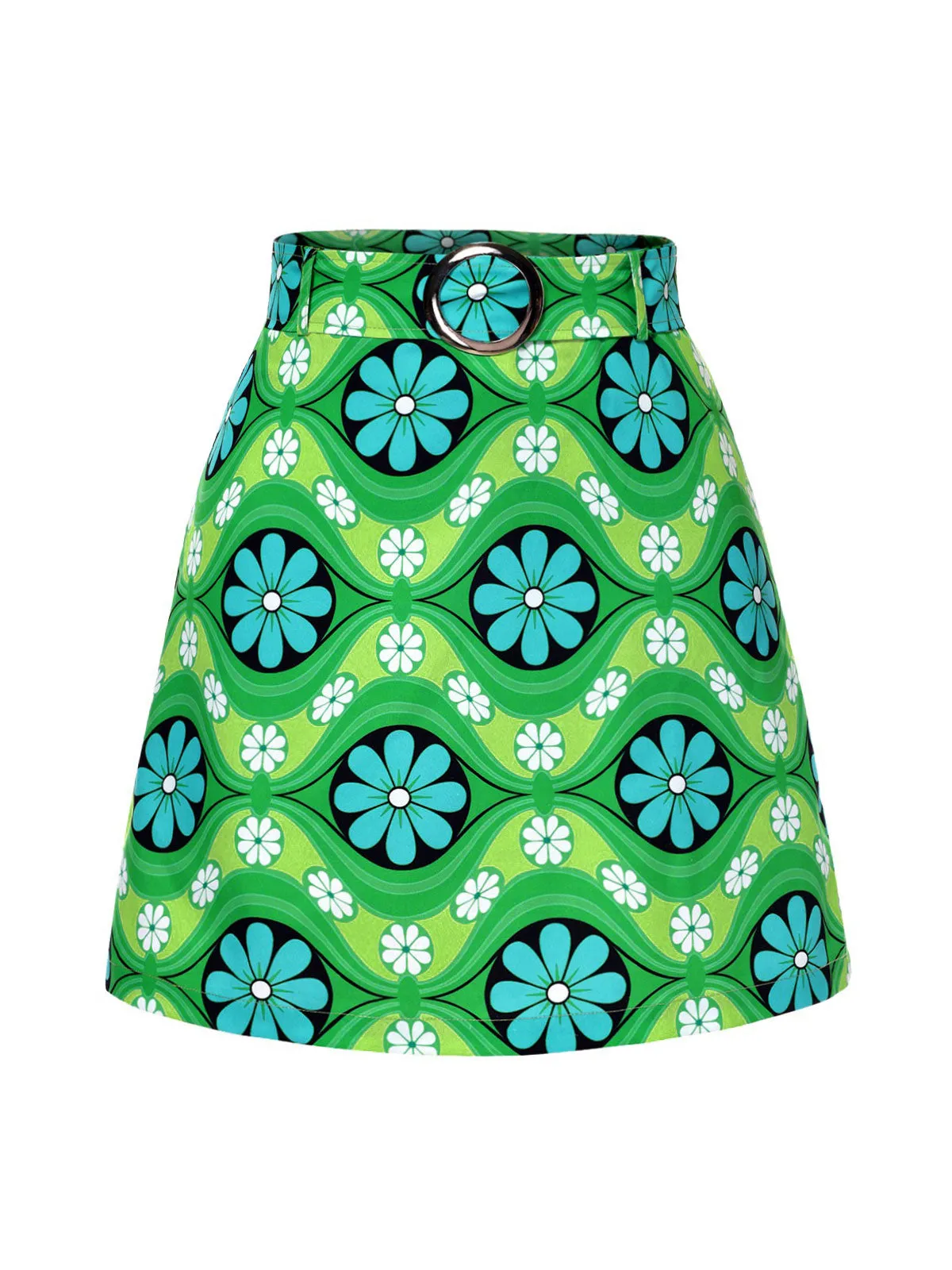 Green 1960s Vintage Floral Belted Mini Skirt sold by Retro Stage product image thumbnail 2