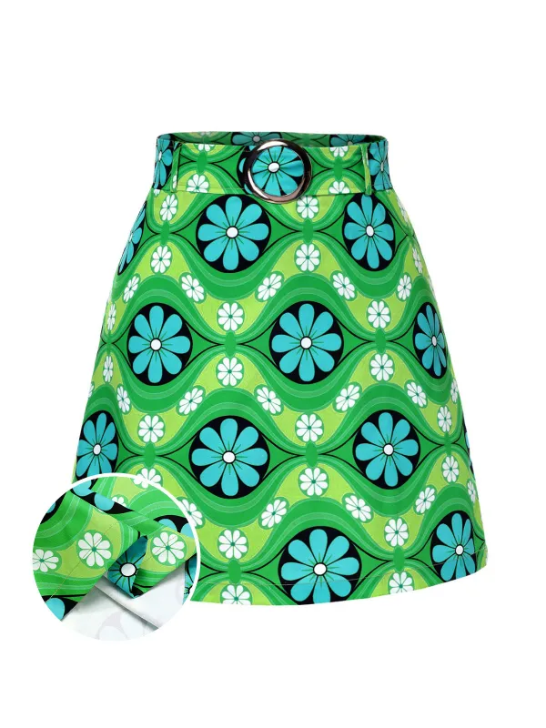 Green 1960s Vintage Floral Belted Mini Skirt sold by Retro Stage