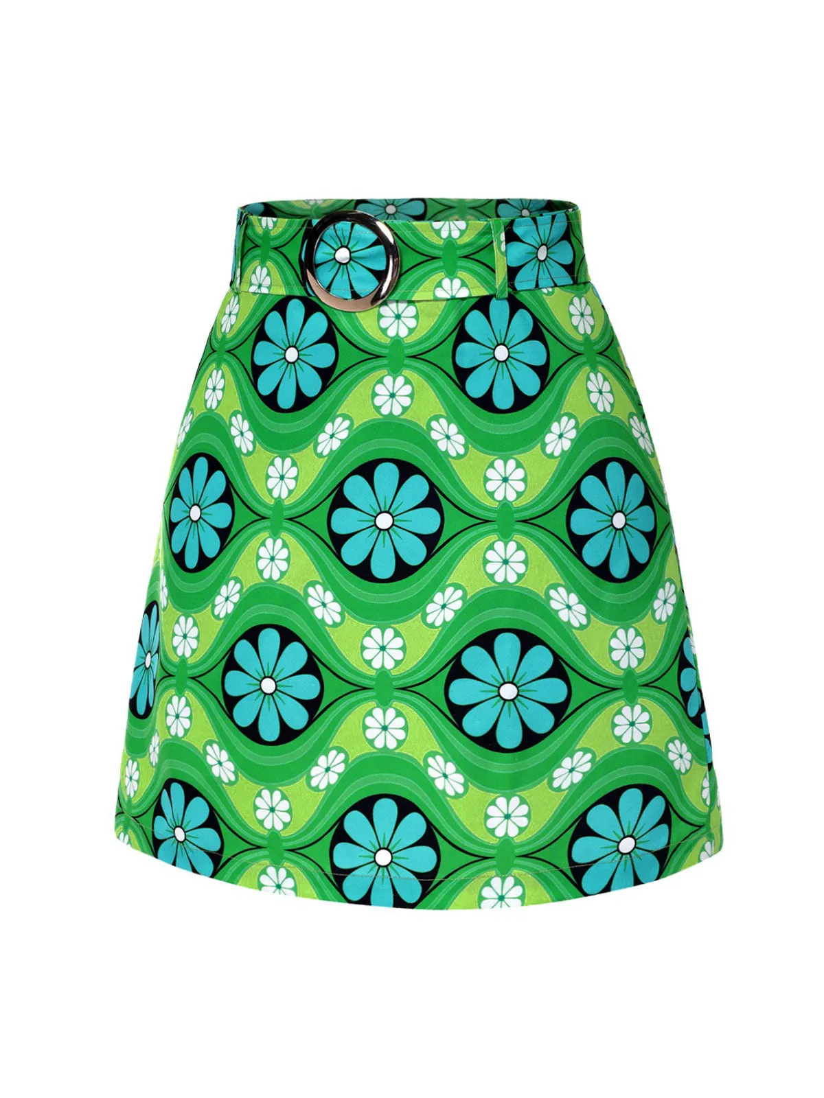 Green 1960s Vintage Floral Belted Mini Skirt sold by Retro Stage product image thumbnail 3
