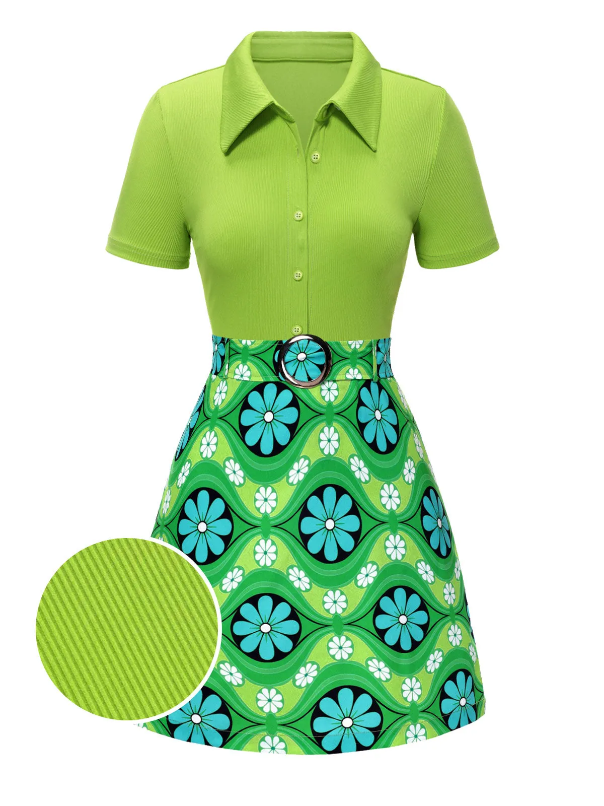 2PCS Green 1960s Lapel Knitted Blouse & Floral Skirt sold by Retro Stage