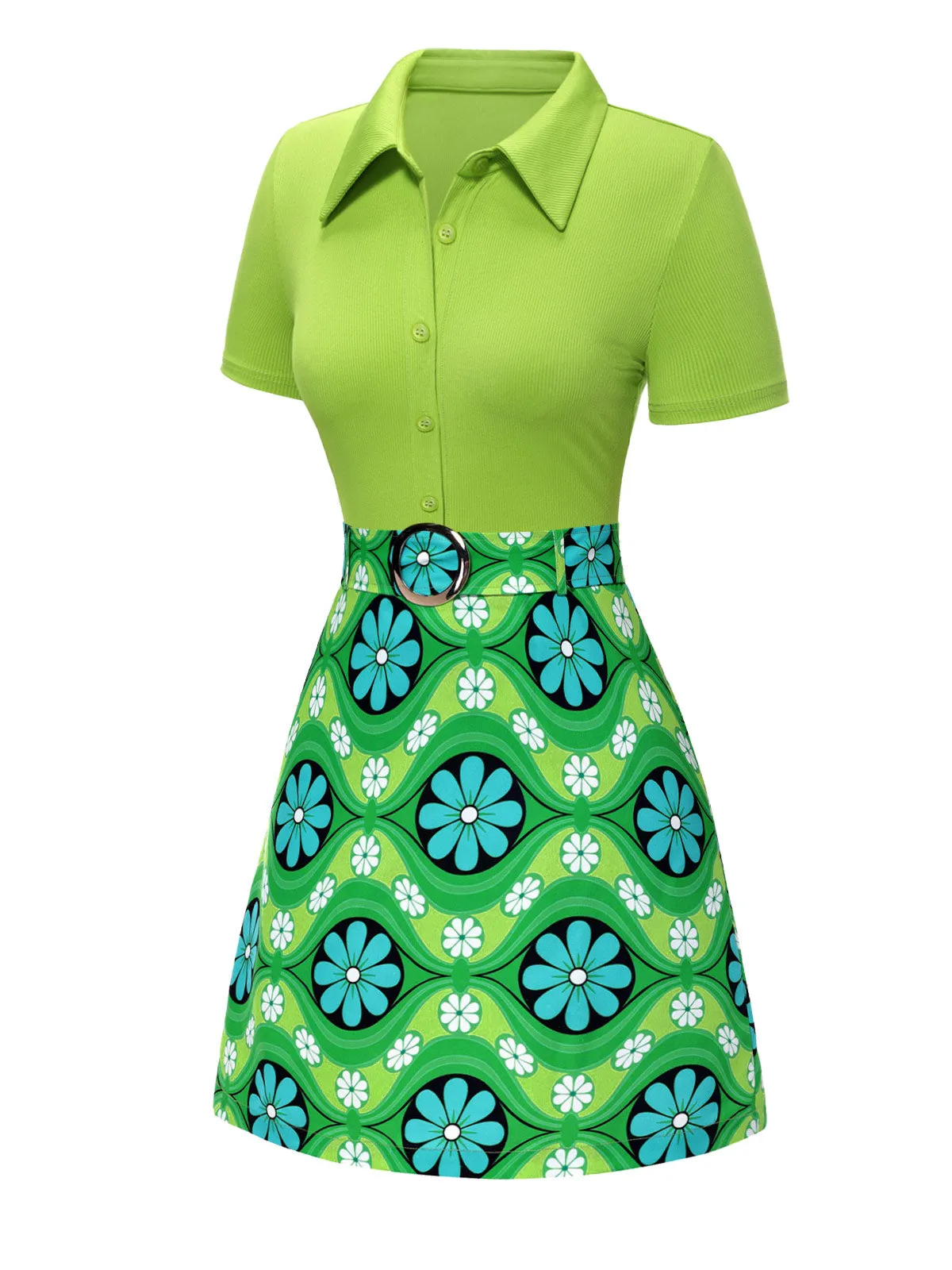 2PCS Green 1960s Lapel Knitted Blouse & Floral Skirt sold by Retro Stage product image thumbnail 3