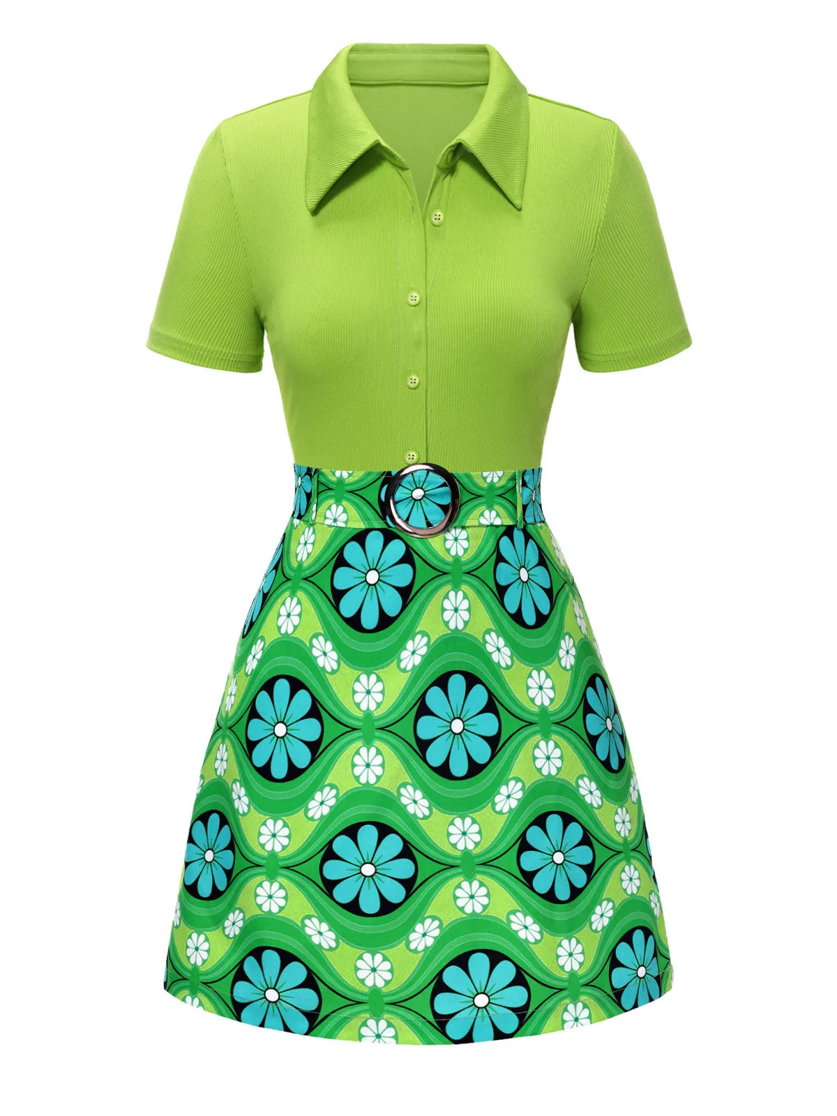 2PCS Green 1960s Lapel Knitted Blouse & Floral Skirt sold by Retro Stage product image thumbnail 2