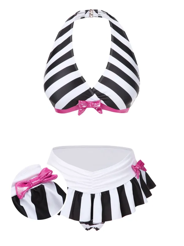 Black & White 1950s Stripe Bow Halter Bikini sold by Retro Stage