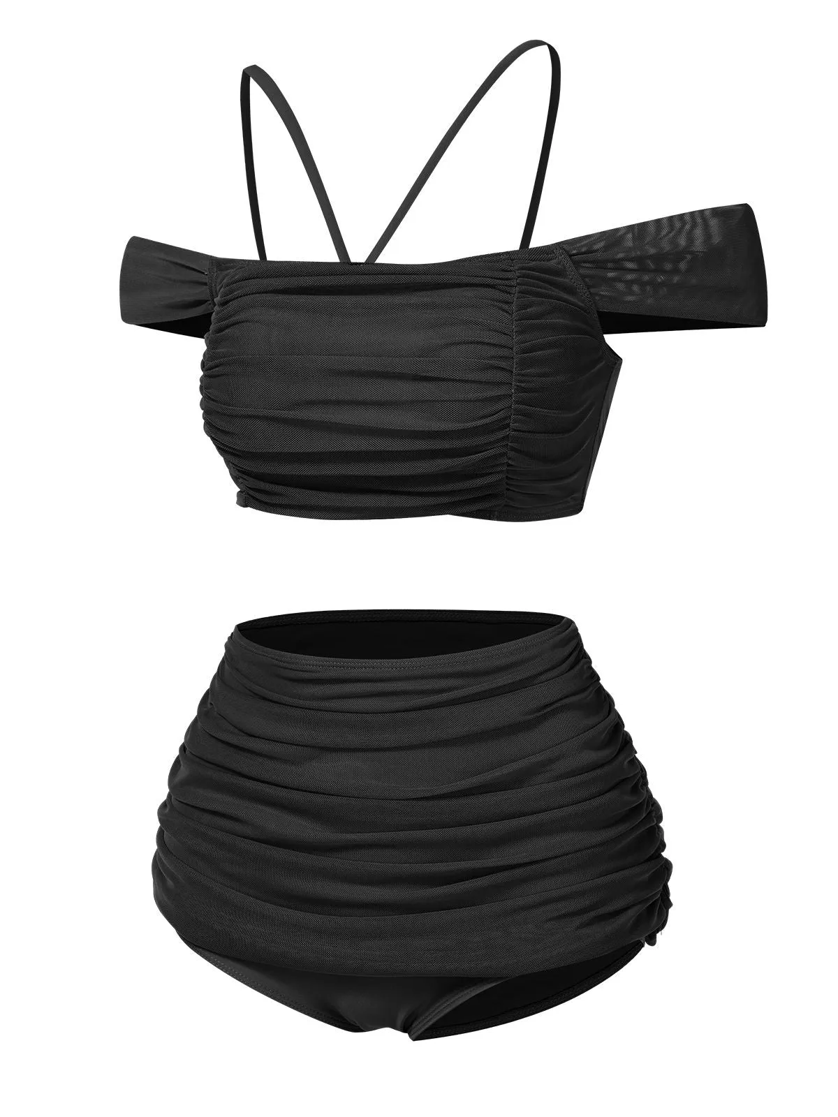 Black 1930s Solid Ruched Off-Shoulder Halter Swimsuit sold by Retro Stage product image thumbnail 2