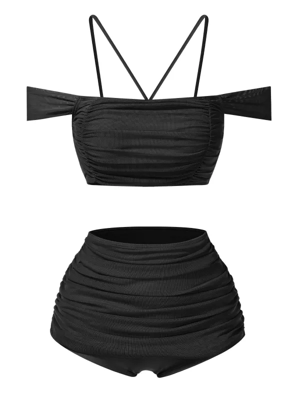 Black 1930s Solid Ruched Off-Shoulder Halter Swimsuit sold by Retro Stage