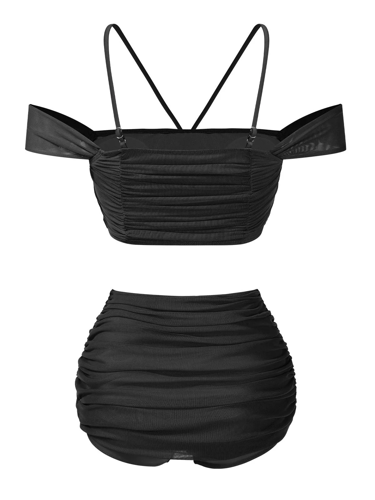 Black 1930s Solid Ruched Off-Shoulder Halter Swimsuit sold by Retro Stage product image thumbnail 3