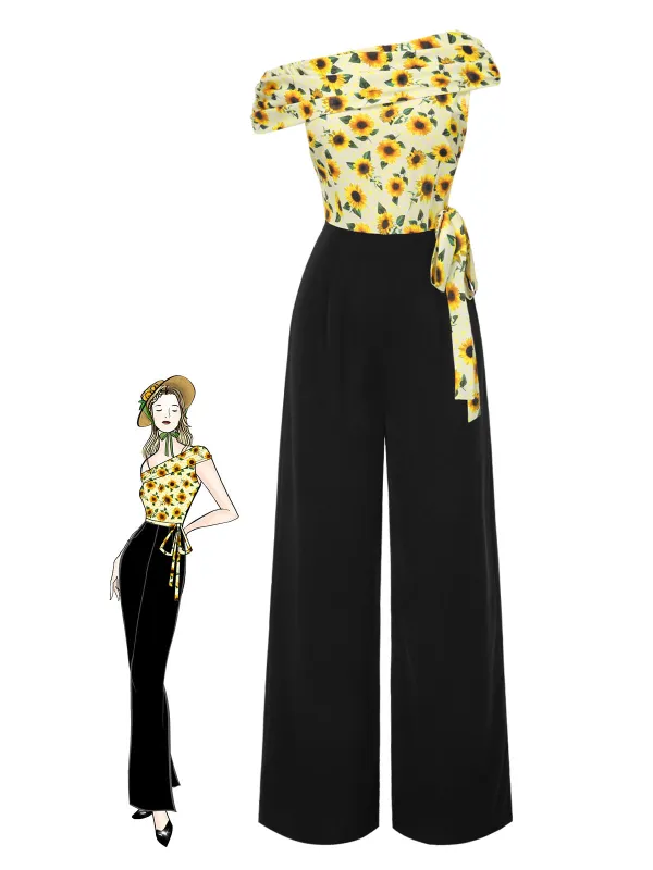 Yellow 1930s Sunflower Oblique Neck Jumpsuit sold by Retro Stage
