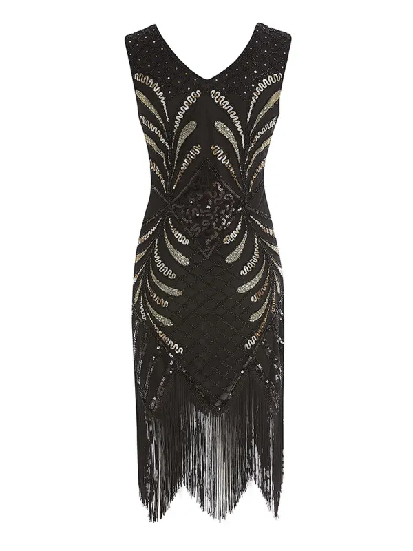 Black 1920s Sequin Fringed Gatsby Dress sold by Retro Stage