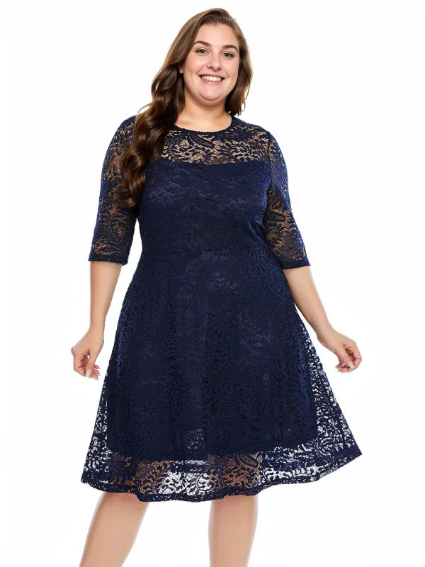 [Plus Size] Blue 1950s Lace Half Sleeves Dress sold by Retro Stage