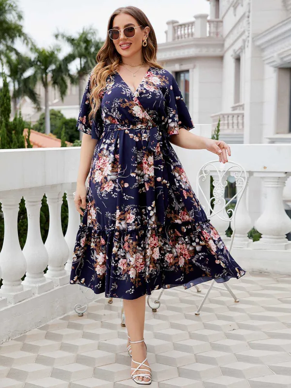 [Plus Size] Navy Blue 1950s V-Neck Floral Dress sold by Retro Stage