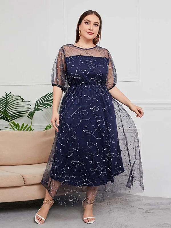 [Plus Size] Dark Blue 1930s Constellation Mesh Dress sold by Retro Stage