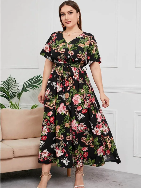 [Plus Size] Multicolor 1940s Floral V-Neck Tie-Up Dress sold by Retro Stage
