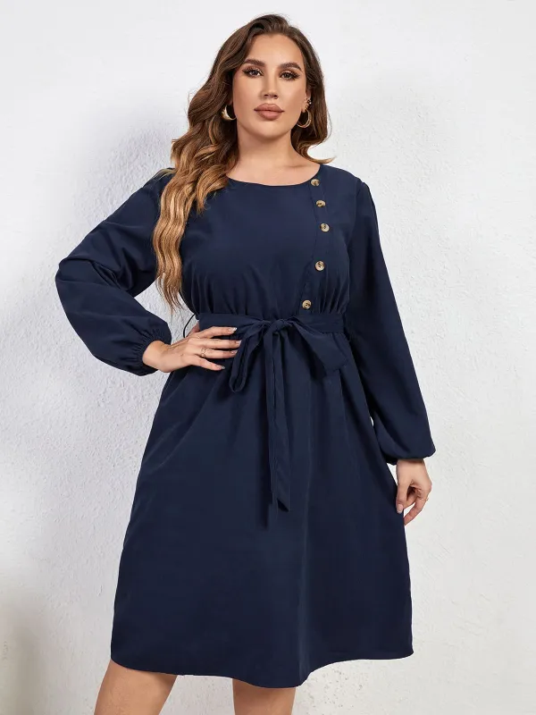 [Plus Size] Blue 1950s High-Waist Lantern Sleeve Belted Dress sold by Retro Stage