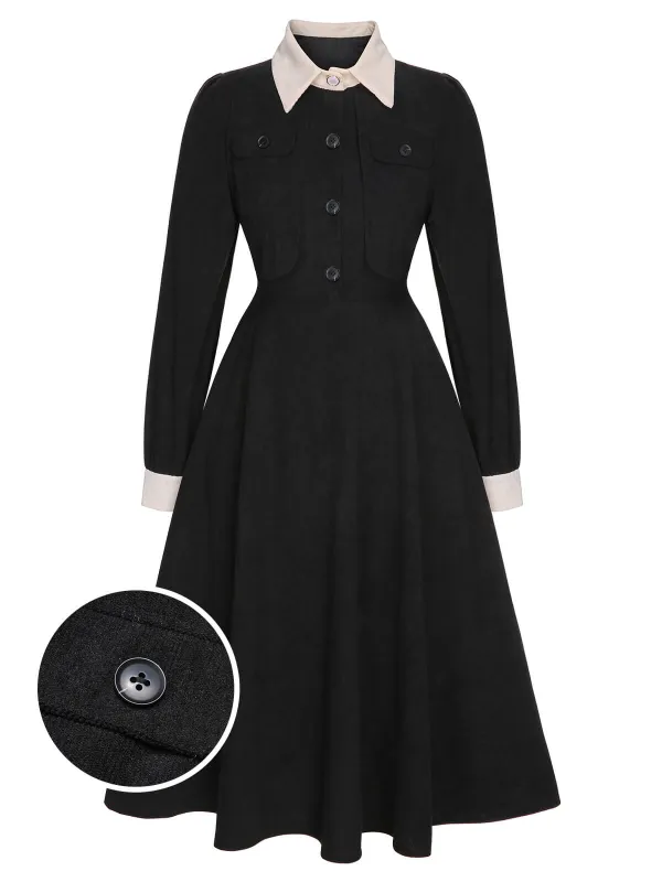 Black 1950s Lapel Patchwork Button Dress sold by Retro Stage