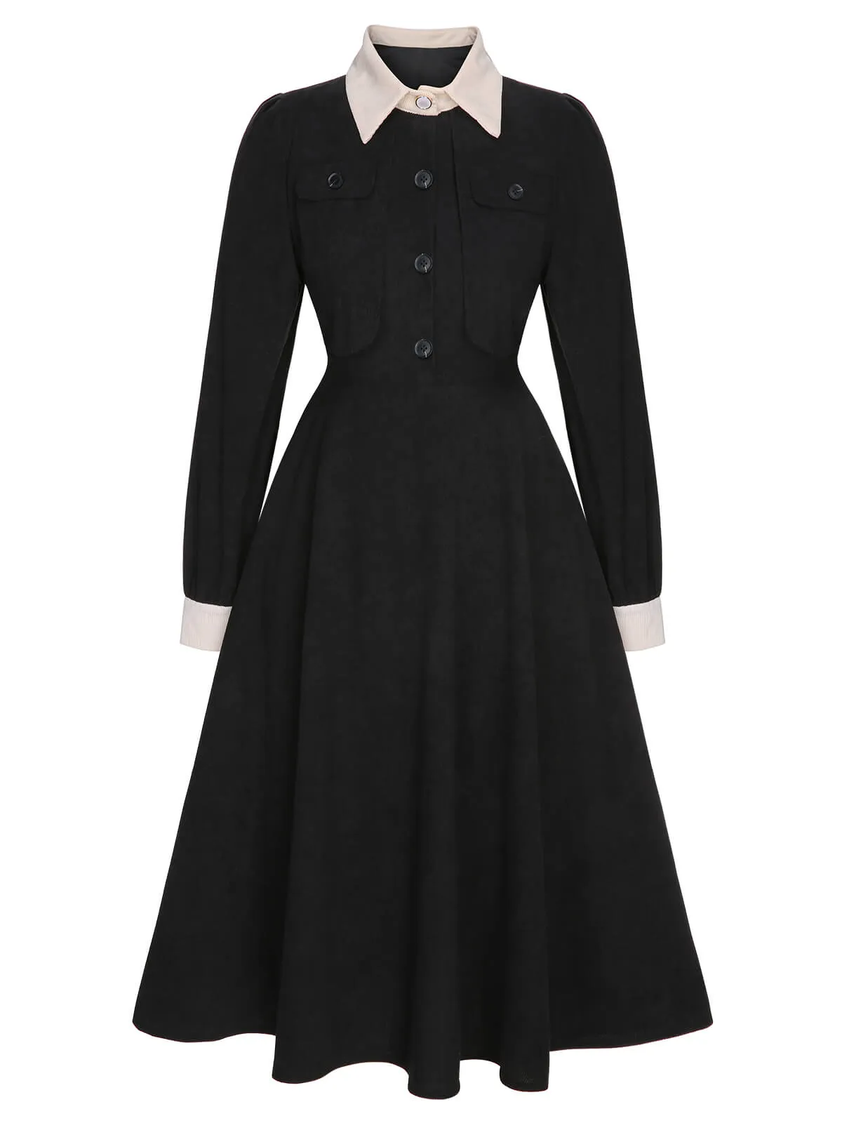 Black 1950s Lapel Patchwork Button Dress sold by Retro Stage product image thumbnail 2
