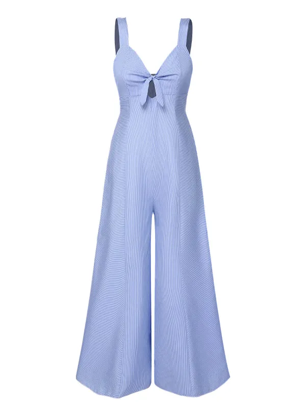 Blue 1930s Stripe Cutout Wide Strap Jumpsuit sold by Retro Stage